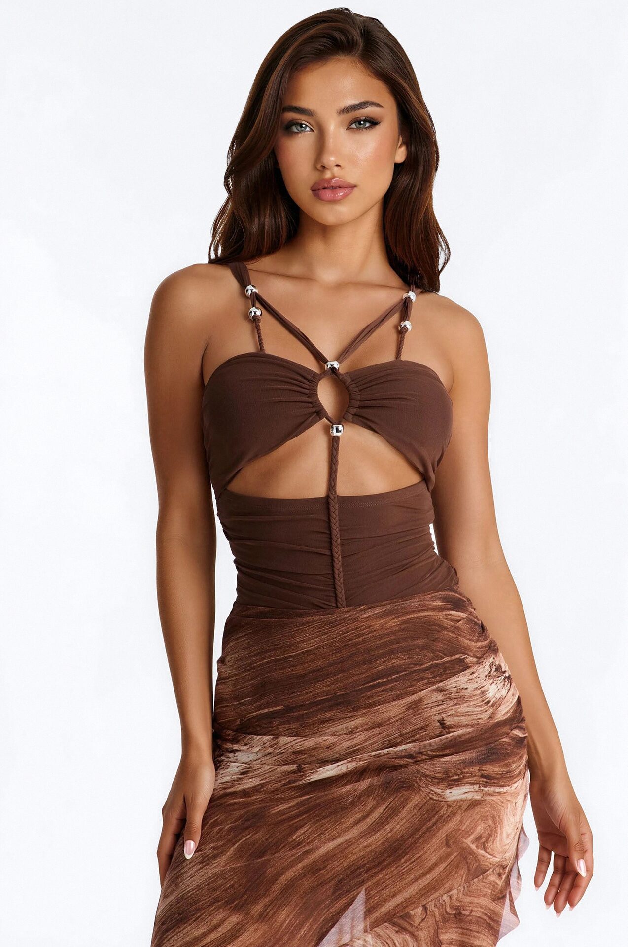 Barbados Beaded Strappy Mesh Bodysuit - Brown