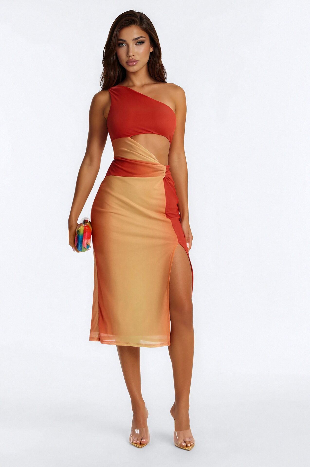 Natalia Ombre Mesh Midi Dress - Orange