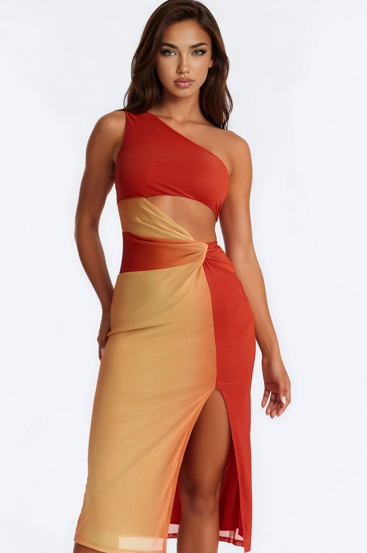 Natalia Ombre Mesh Midi Dress - Orange