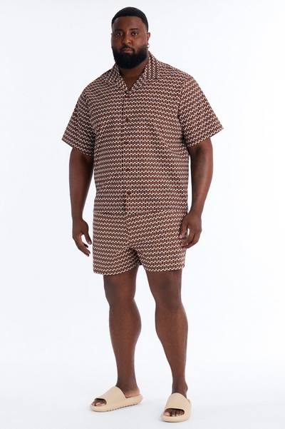 Relaxed Disco Plunge Geometric Cuban Collar Button Up Shirt - Brown/combo