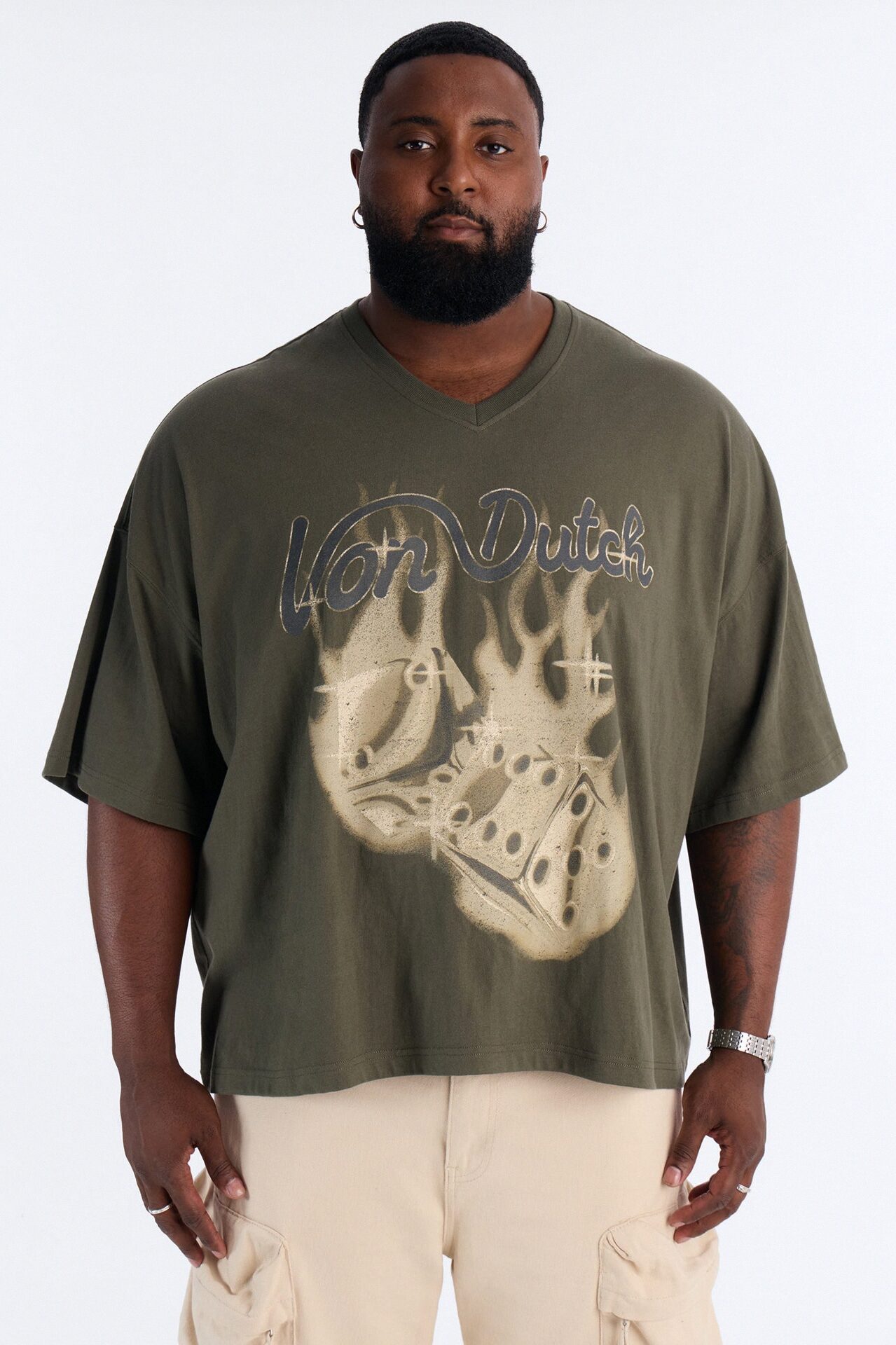 Von Dutch Dice Roll Heavy Weight Oversized Short Sleeve Tee - Olive