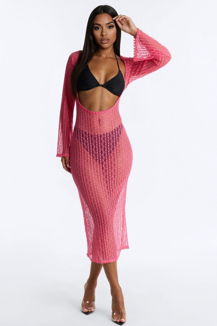 Summer Fling Stripe Lace Scoop Cover Up Maxi Dress - Pink