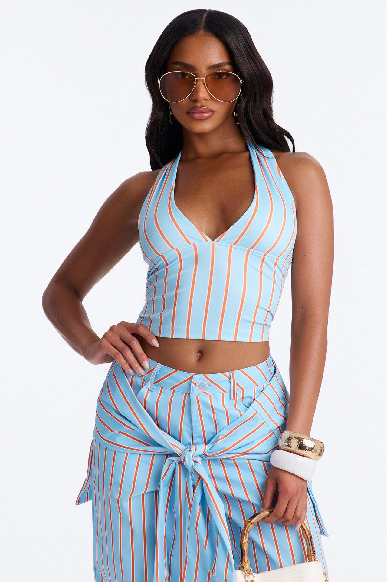 Darla Halter Stripe Tie Waist Pant Set - Blue/combo