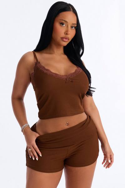 Romance Vibes Foldover PJ Short Set - Chocolate
