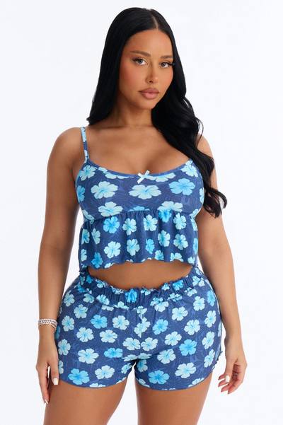 Flowers Are Restful PJ Short Set - Blue