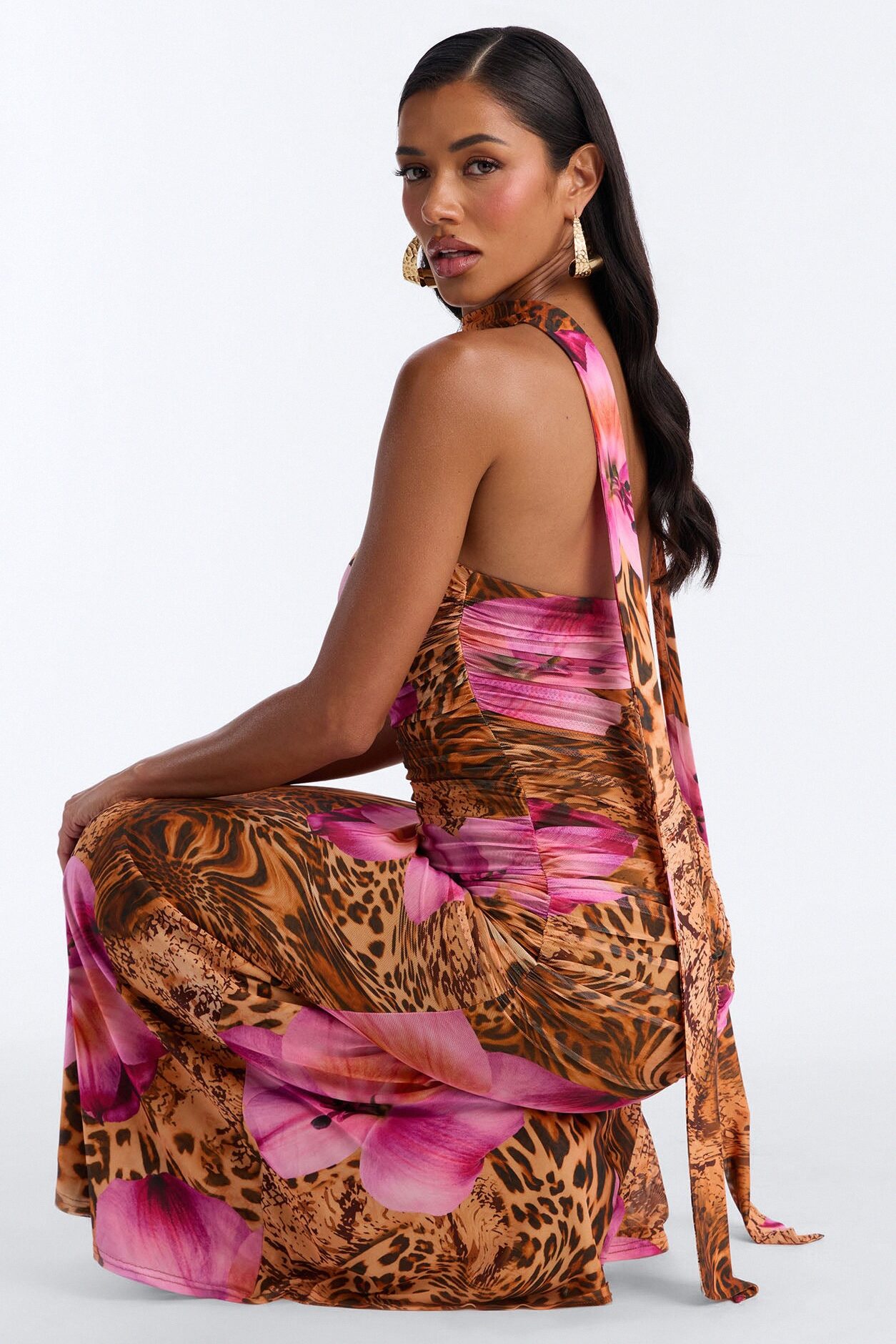 Gianna Ruched Mesh Maxi Dress - Brown/combo