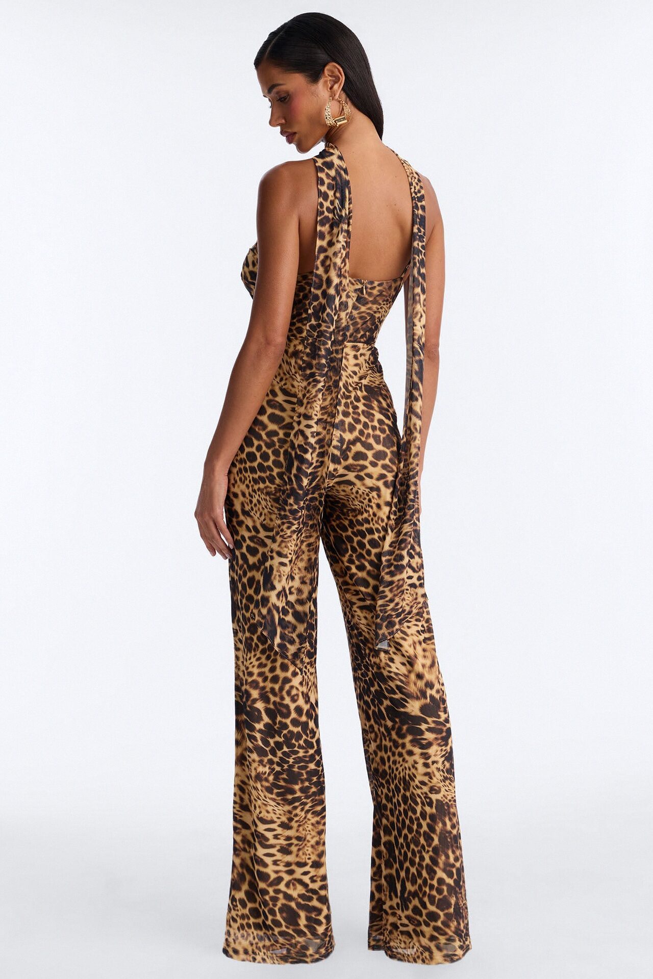 Mira Mesh Scarf Leopard Jumpsuit - Brown/combo