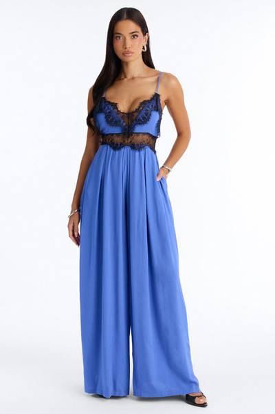 Karmen Lace Trim Wide Leg Jumpsuit - Blue
