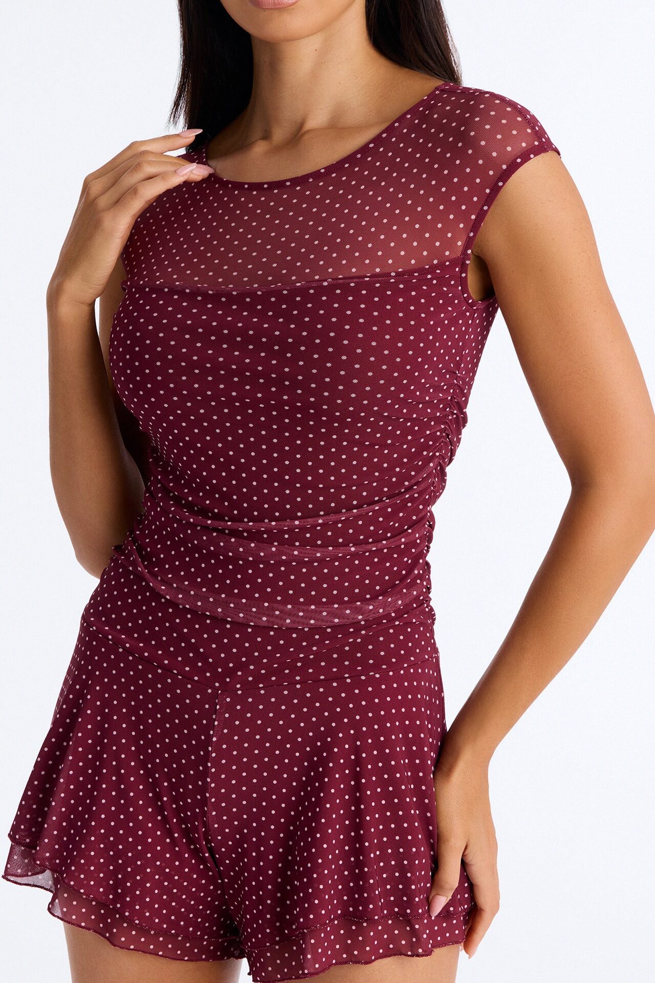 Pretty Little Moment Polka Dot Mesh Rompetr - Wine