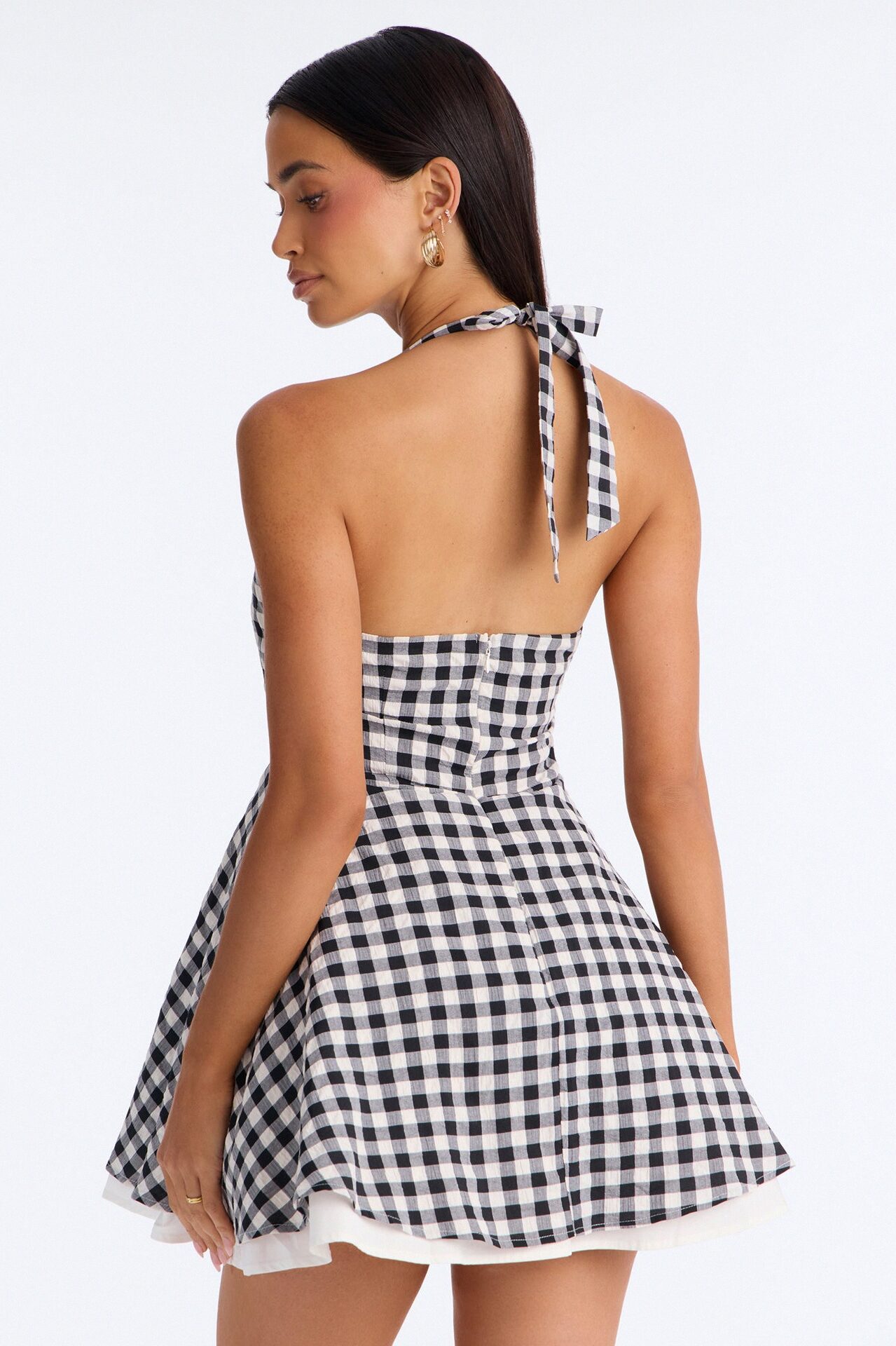 Glowing Gingham Halter Neck Mini Dress - Black/White