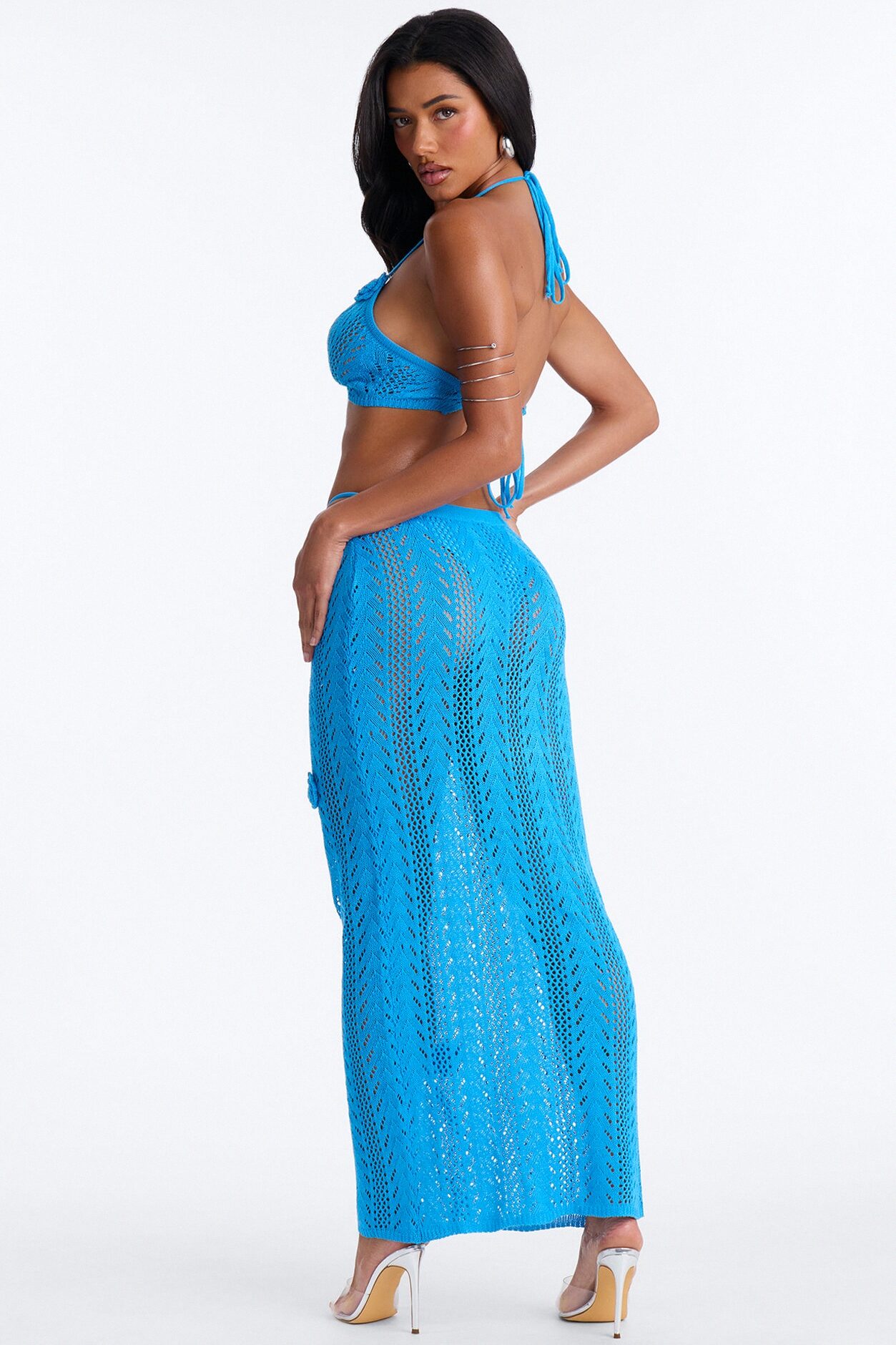 Seas The Bloom 3 Piece Floral Swim Crochet Cover Up Skirt Set - Blue