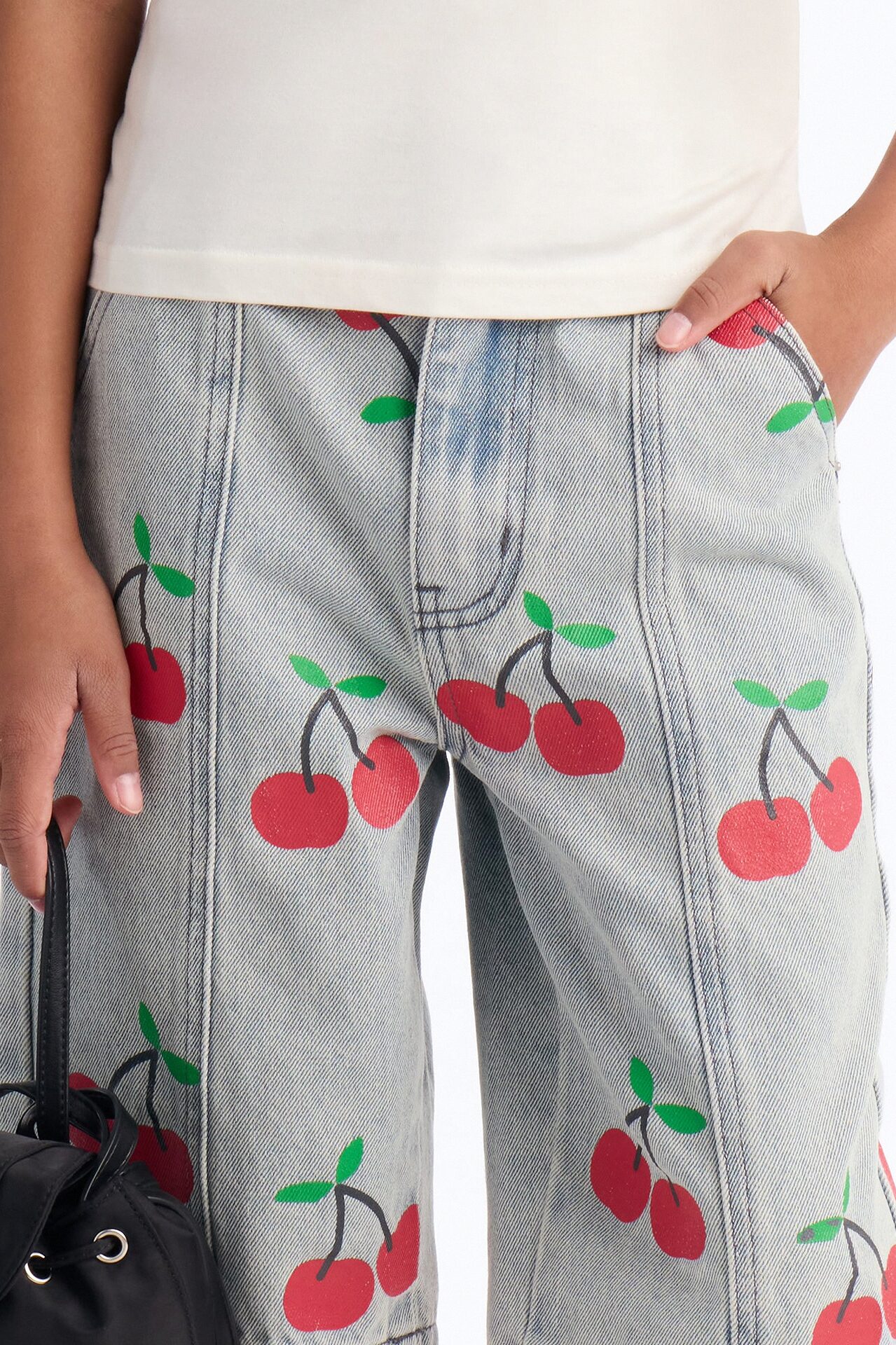 Mini Cherry On Top Printed Denim Jorts - Light Wash