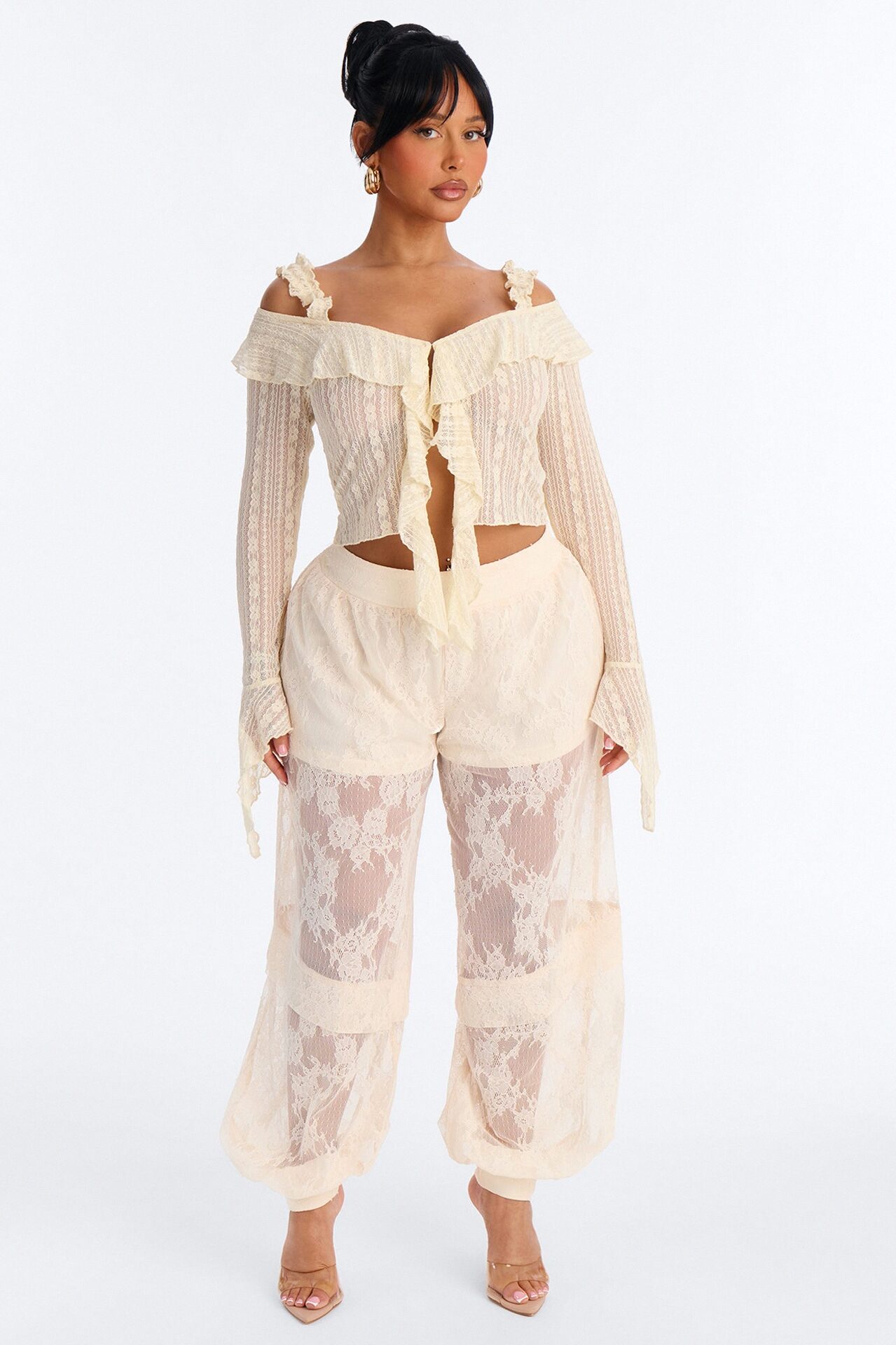 Queen Bee Mid Rise Lacey Jogger Pant - Ivory