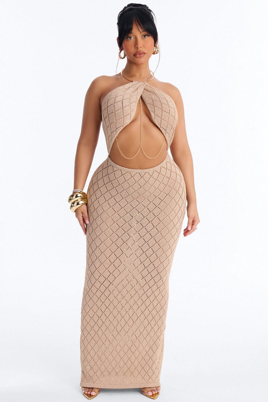 Island It Girl Metallic Crochet Maxi Dress - Gold