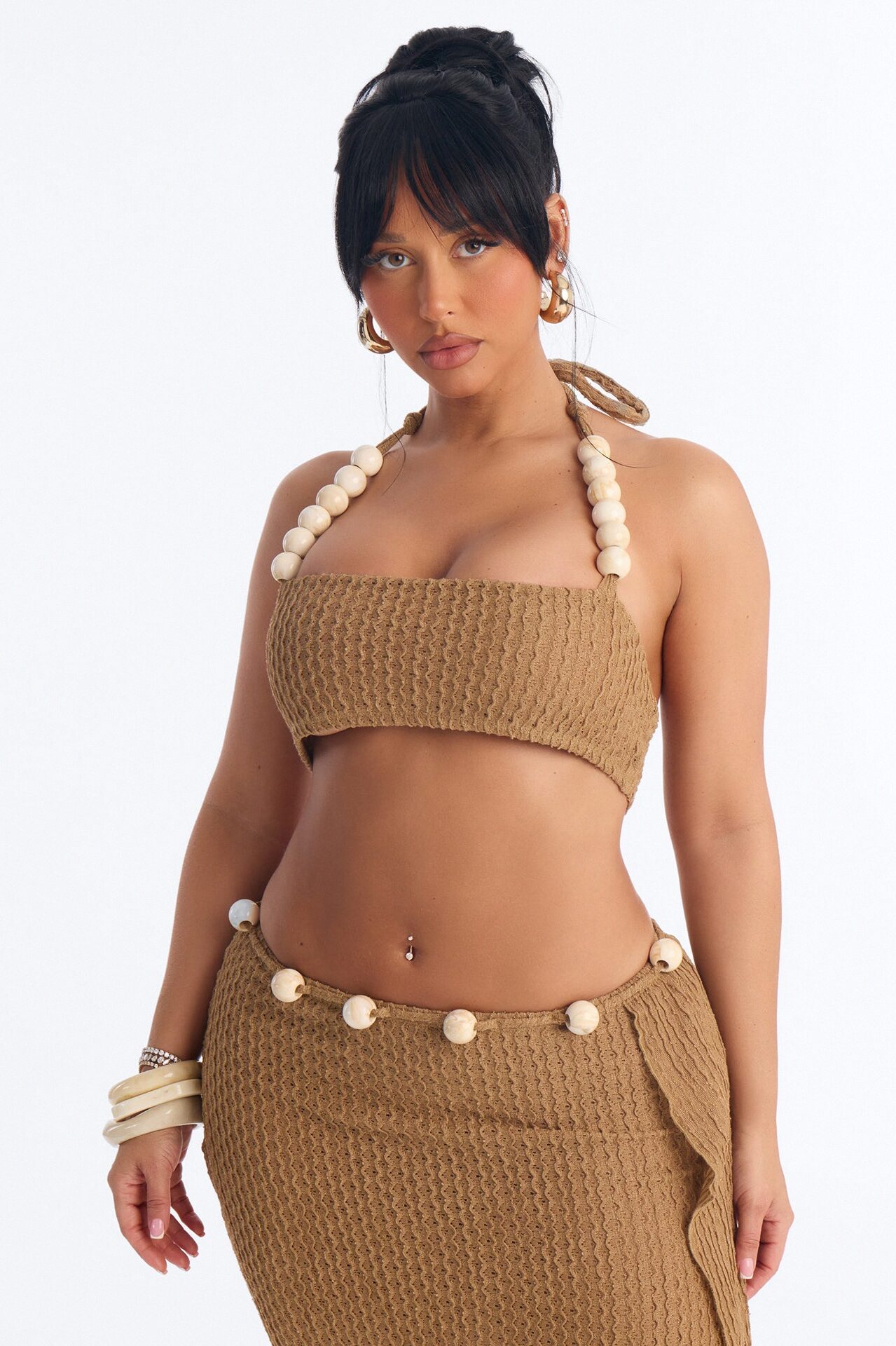 Shoreline Crush Beaded Skirt Set - Taupe
