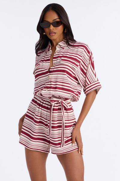 Stilia Striped Collar Linen Romper - Burgundy