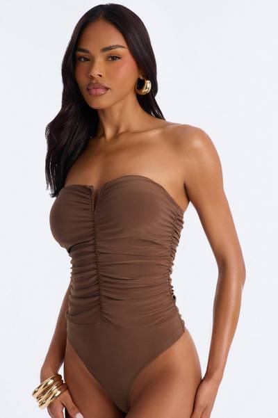 Gentle Blossom Ruched Notch Neck Strapless Bodysuit - Mocha