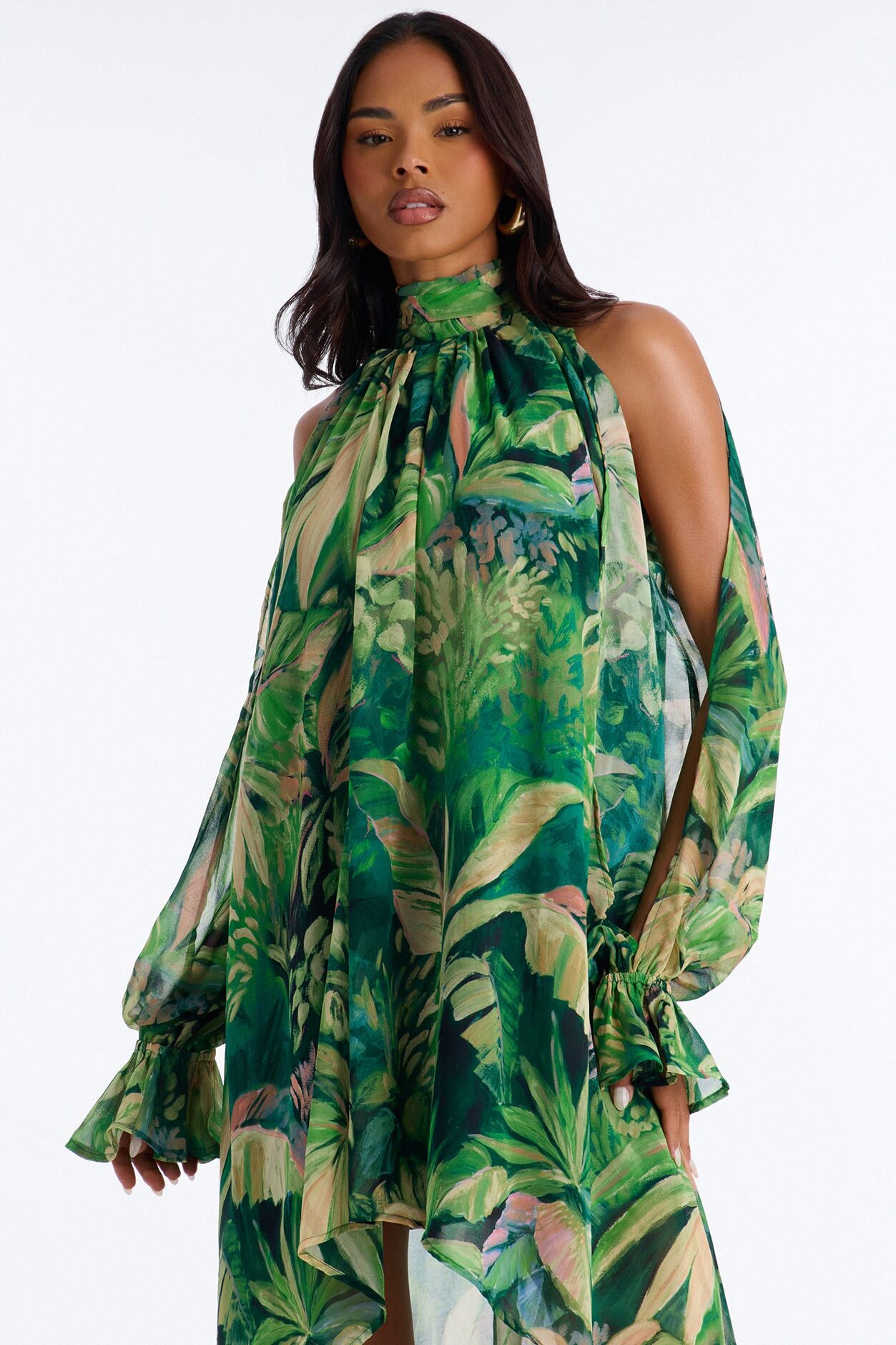 Dark Paradise Long Sleeve Chiffon Maxi Dress - Green/combo