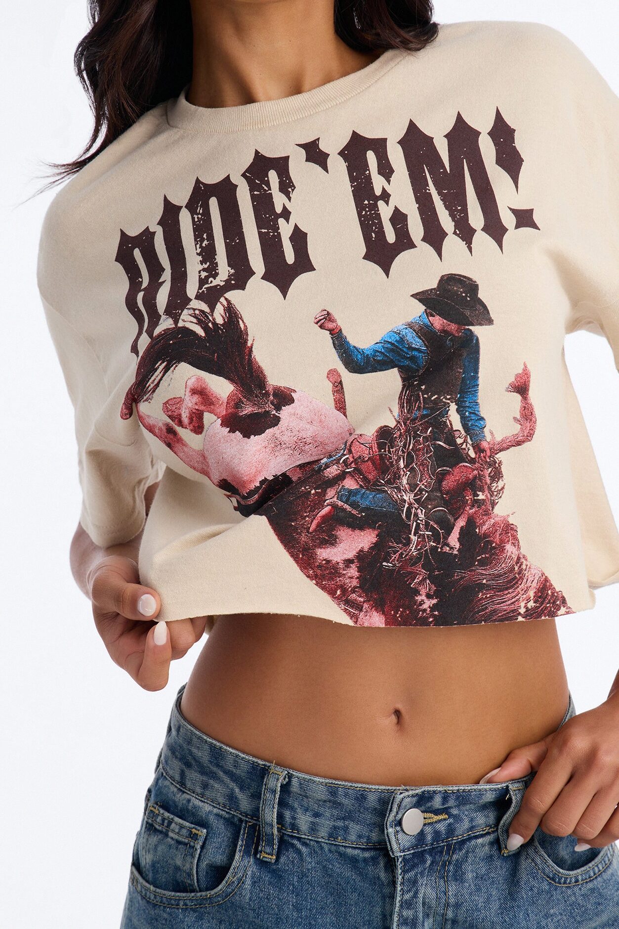 Cowgirl Ride Cut Off Cropped Tee - Sand