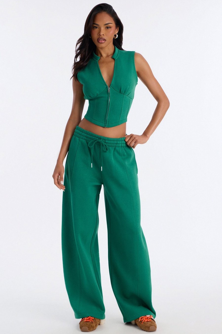 Structured Fleece Barrel Leg Lounge Set - Green