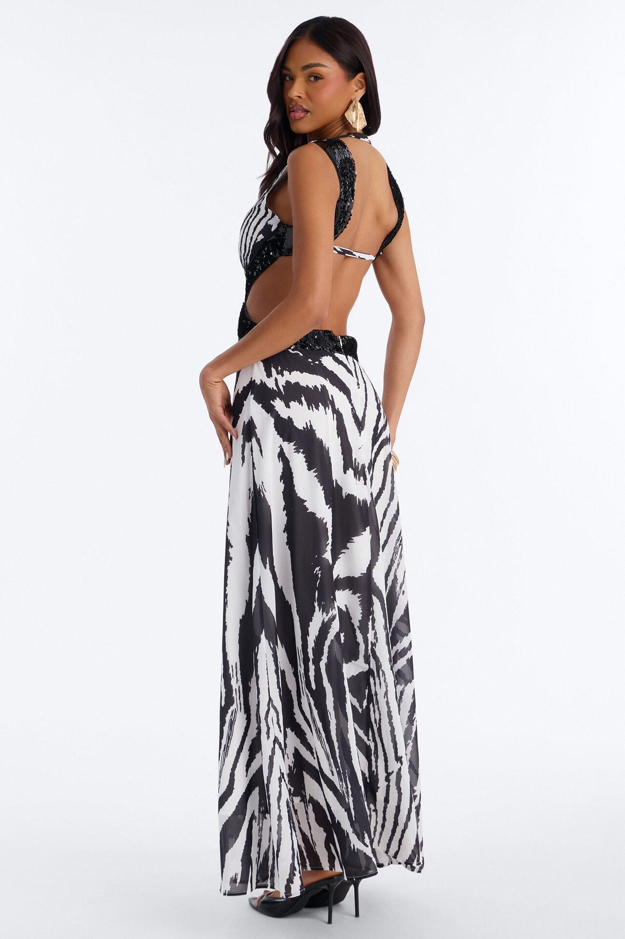 Full Effect Cut Out Chiffon Maxi Dress - Black/White