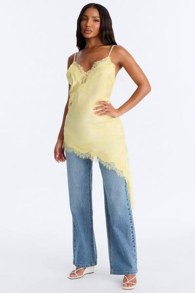 Taste Of Trouble Lace Trim Satin Top - Yellow