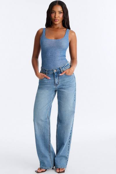 Kendra Sheer Mesh Scoop Neck Tank Top Bodysuit - Blue