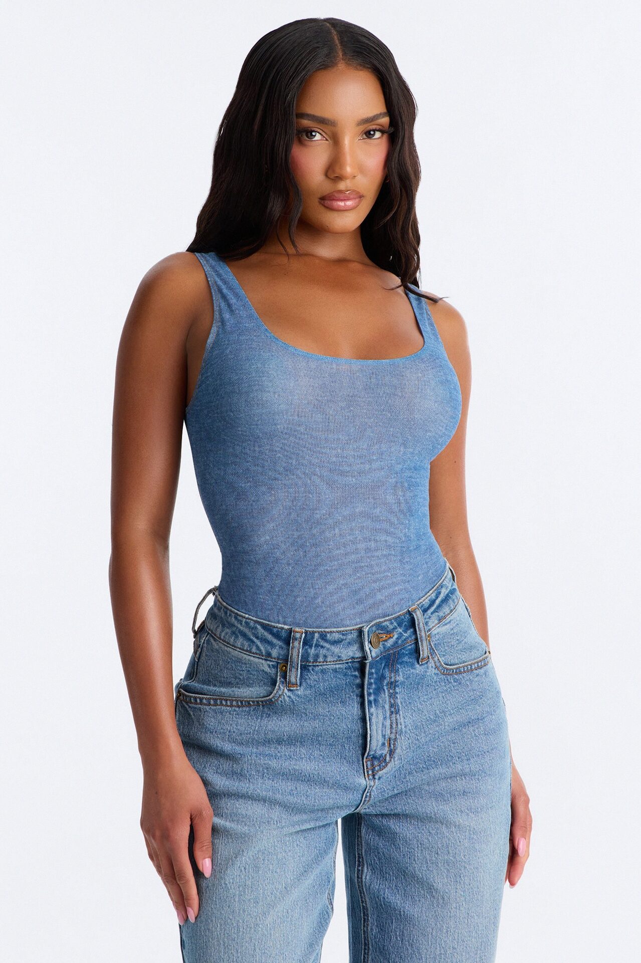Kendra Sheer Mesh Scoop Neck Tank Top Bodysuit - Blue
