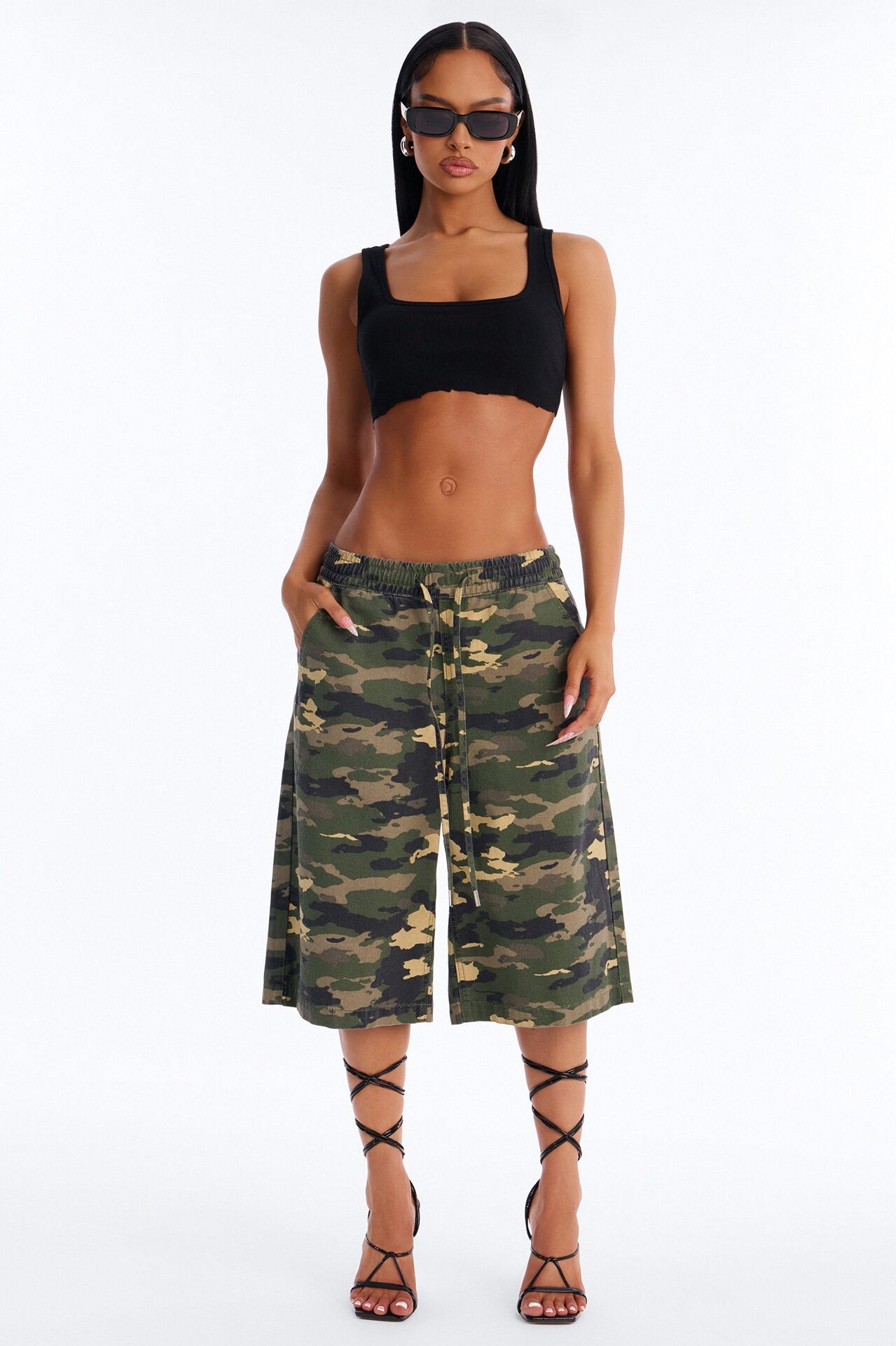Out Of Sight Tie Waist Denim Jorts - Camouflage