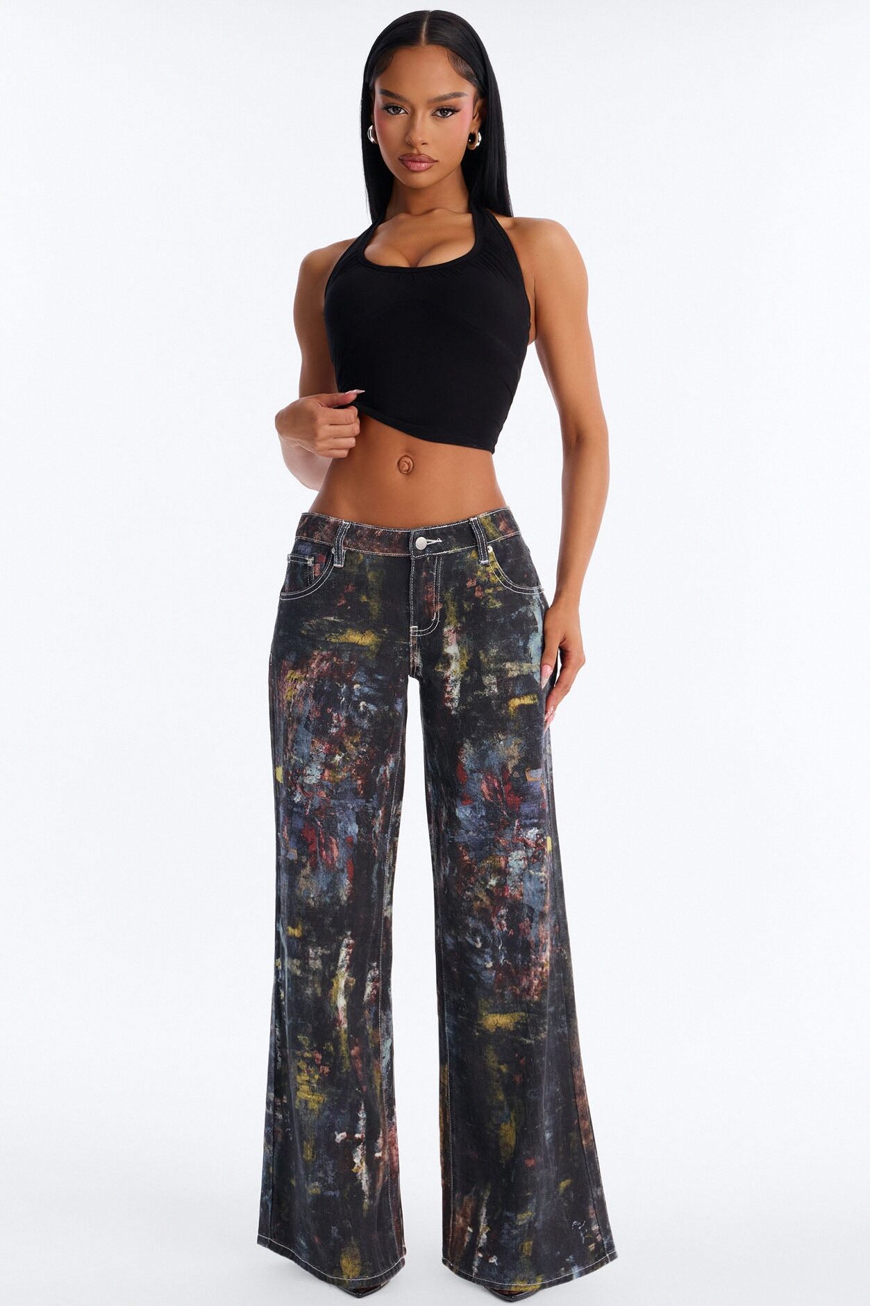 Art Show Printed Low Rise Wide Leg Jeans - Multi Color