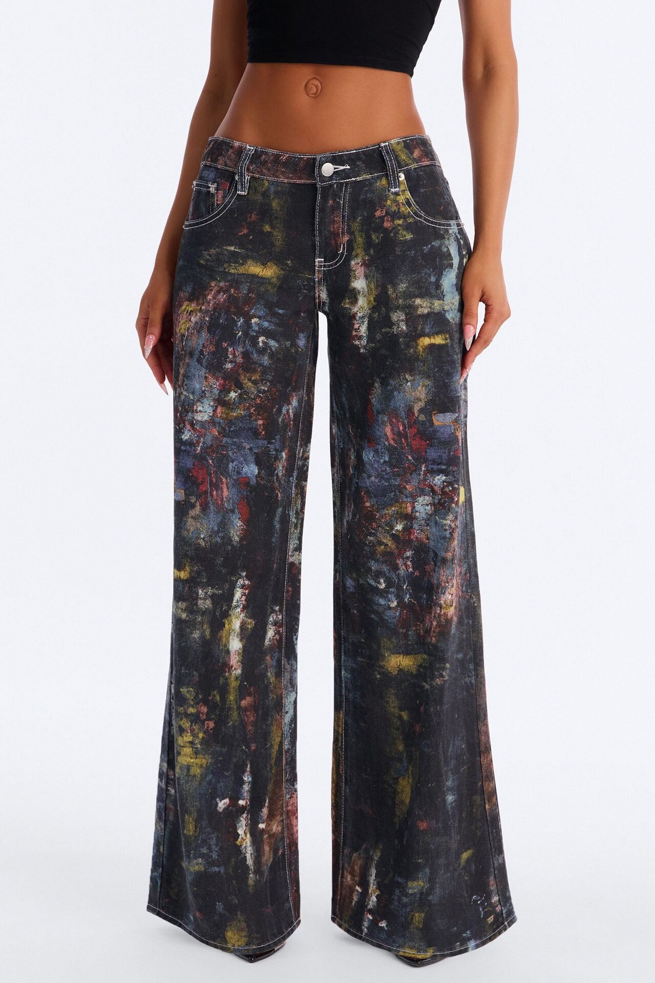 Art Show Printed Low Rise Wide Leg Jeans - Multi Color