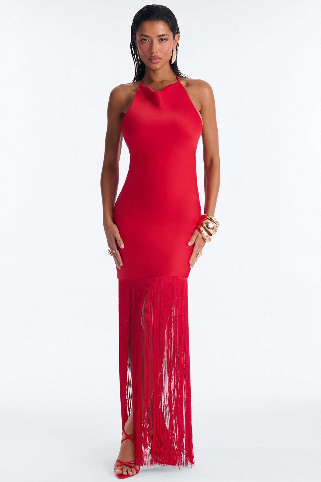 Brielle Satin Cowl Neck Fringe Maxi Dress - Red