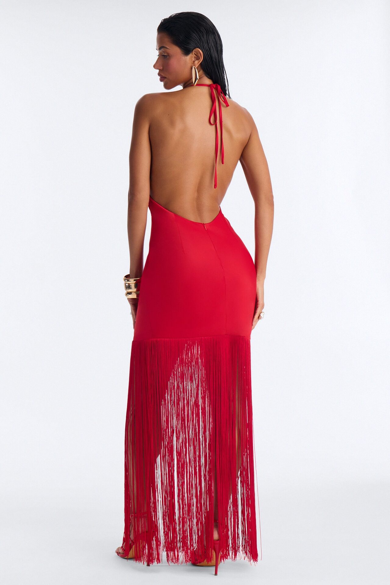 Brielle Satin Cowl Neck Fringe Maxi Dress - Red