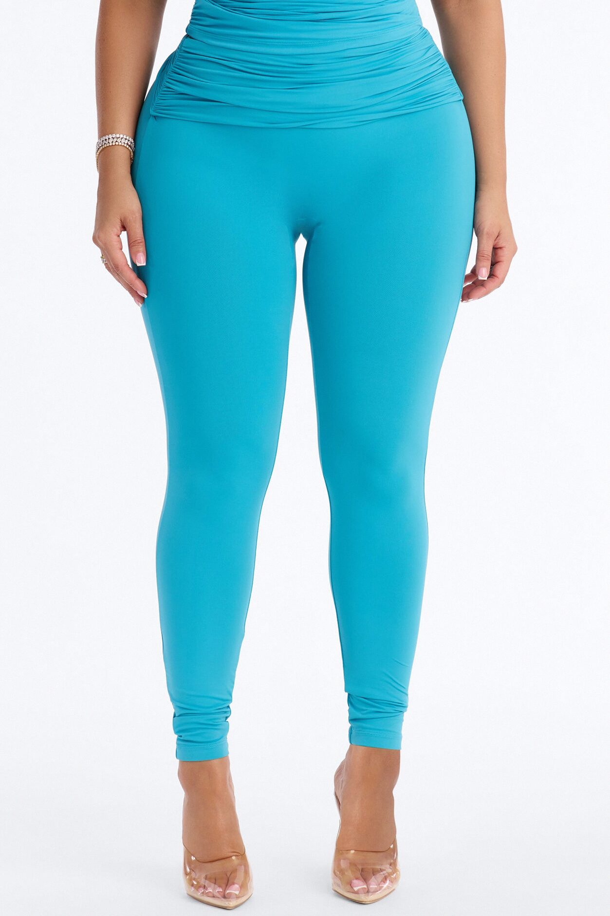 Second Skin Double Lined Ruched Foldover Leggings - Blue