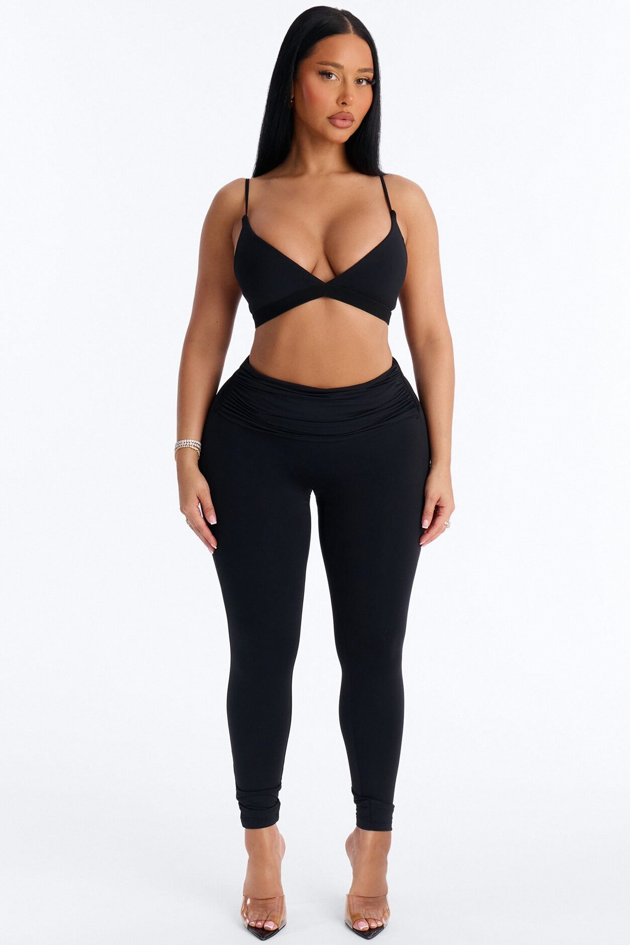Second Skin Double Lined Ruched Foldover Leggings - Black