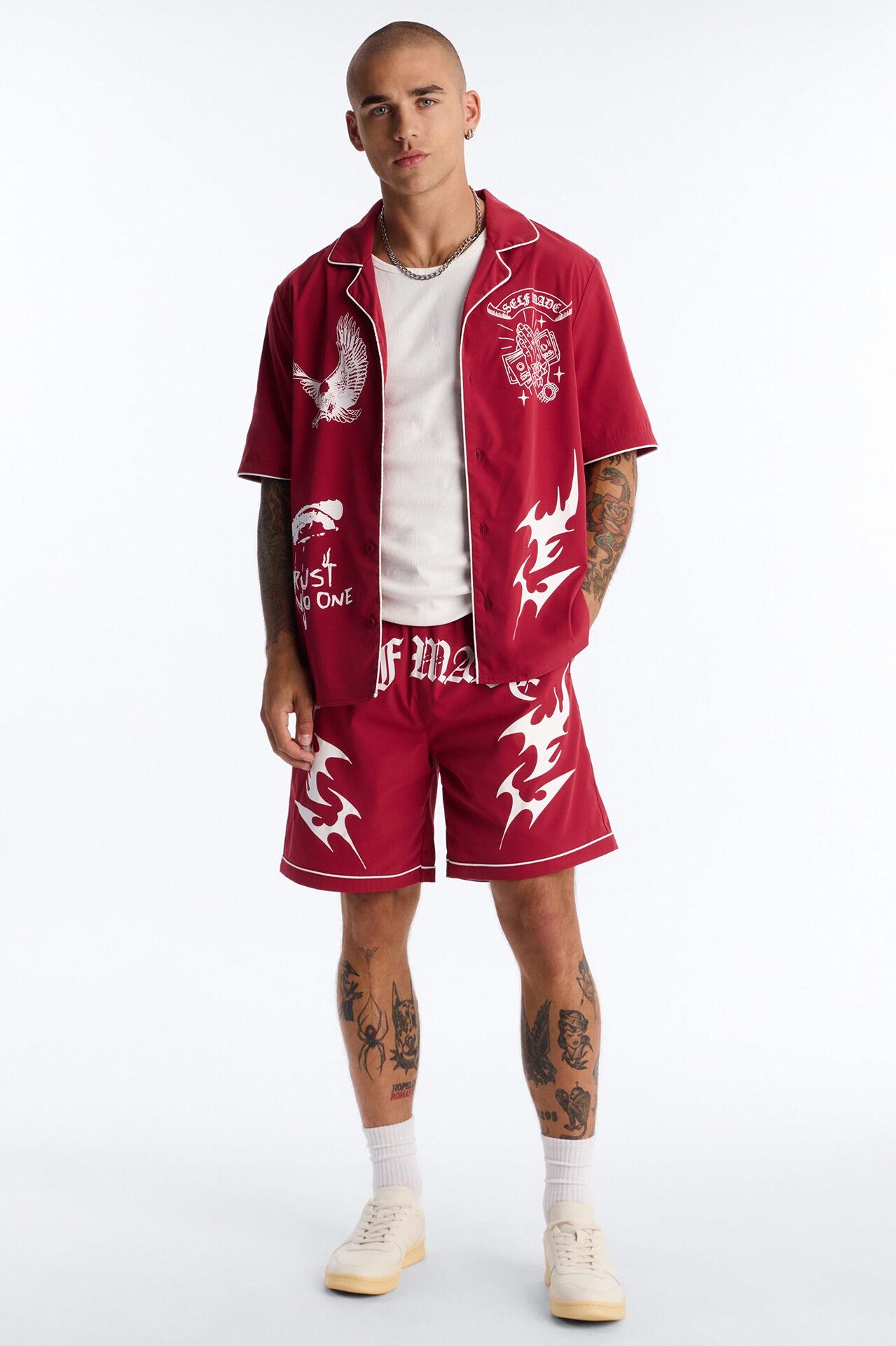 Relaxed Self Made Vandal Cuban Collar Button Up Shirt - Red