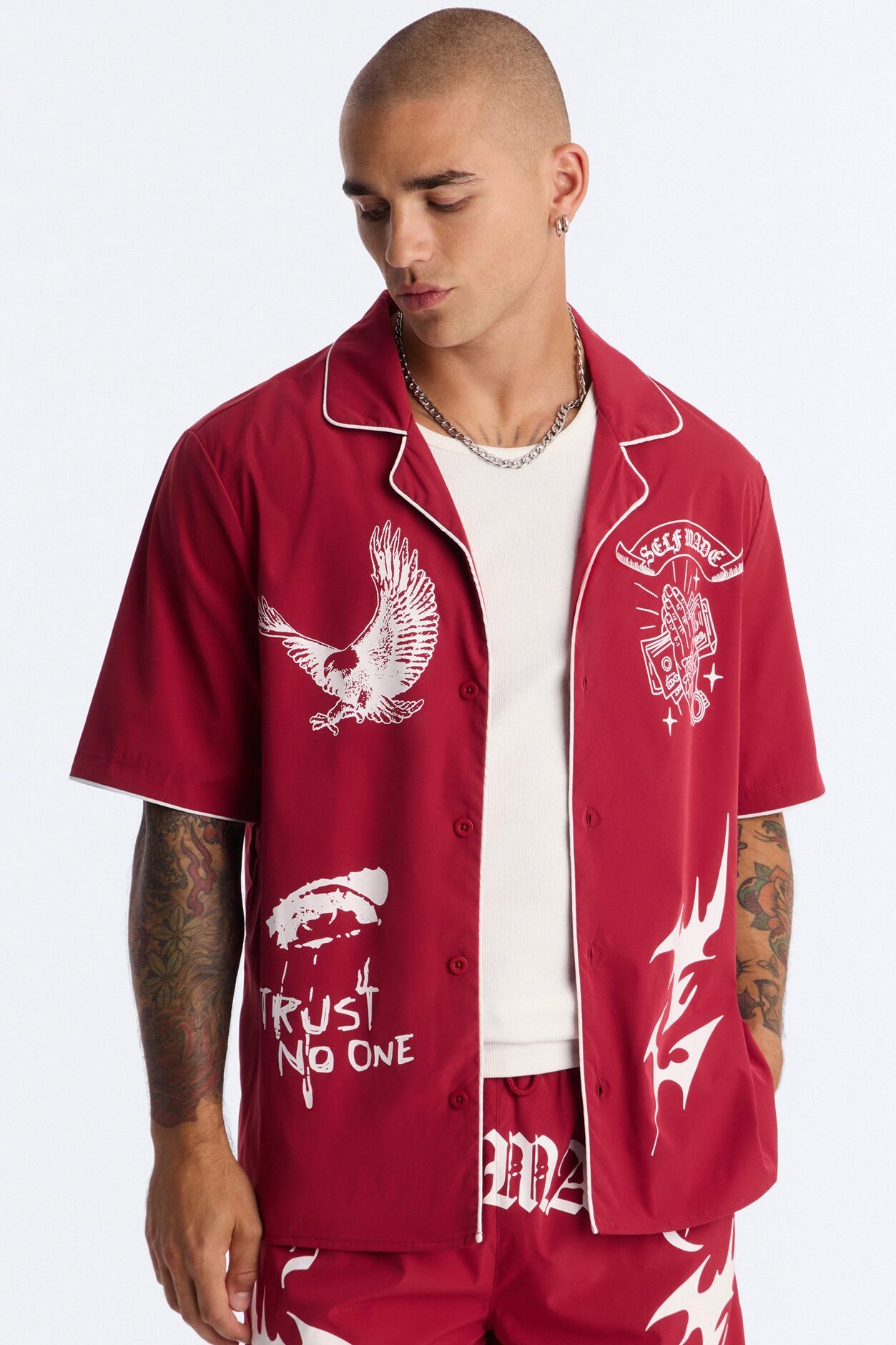 Relaxed Self Made Vandal Cuban Collar Button Up Shirt - Red