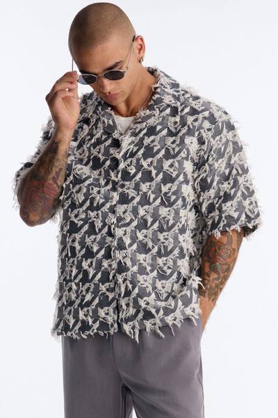Relaxed Houndstooth Nomad Cuban Collar Button Up Shirt - Grey