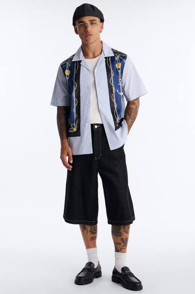 Gilded Anchor Cuban Collar Button Up Shirt - Blue/combo