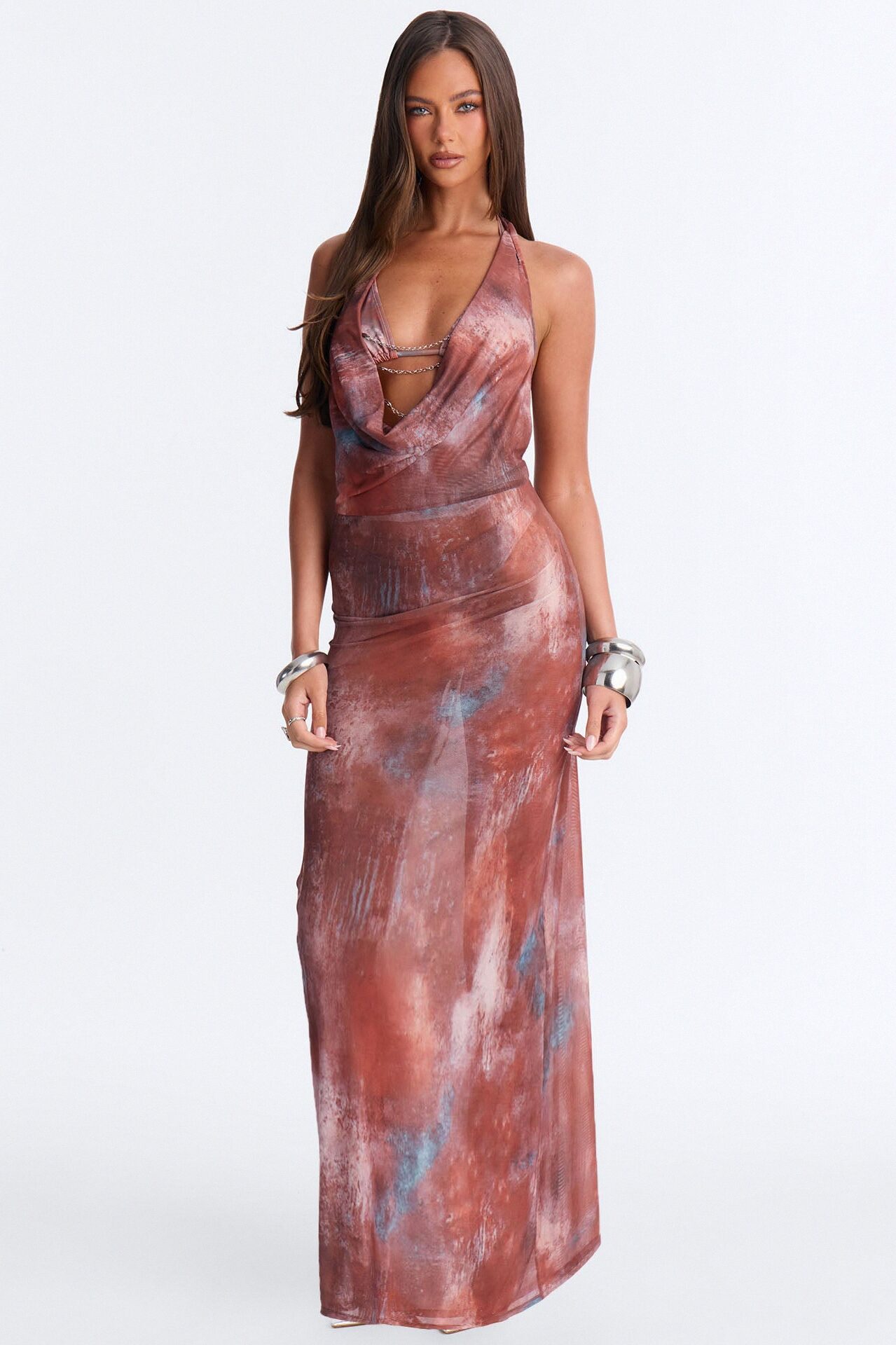 Alia 3 Piece Tie Dye Triangle Bikini & Chain Cover Up Halter Maxi Dress Sunsuit - Multi Color