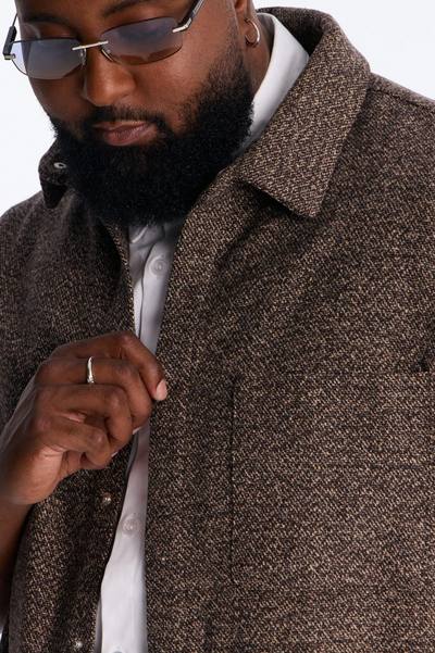 Heathered Faux Wool Button Up Shirt - Brown/combo