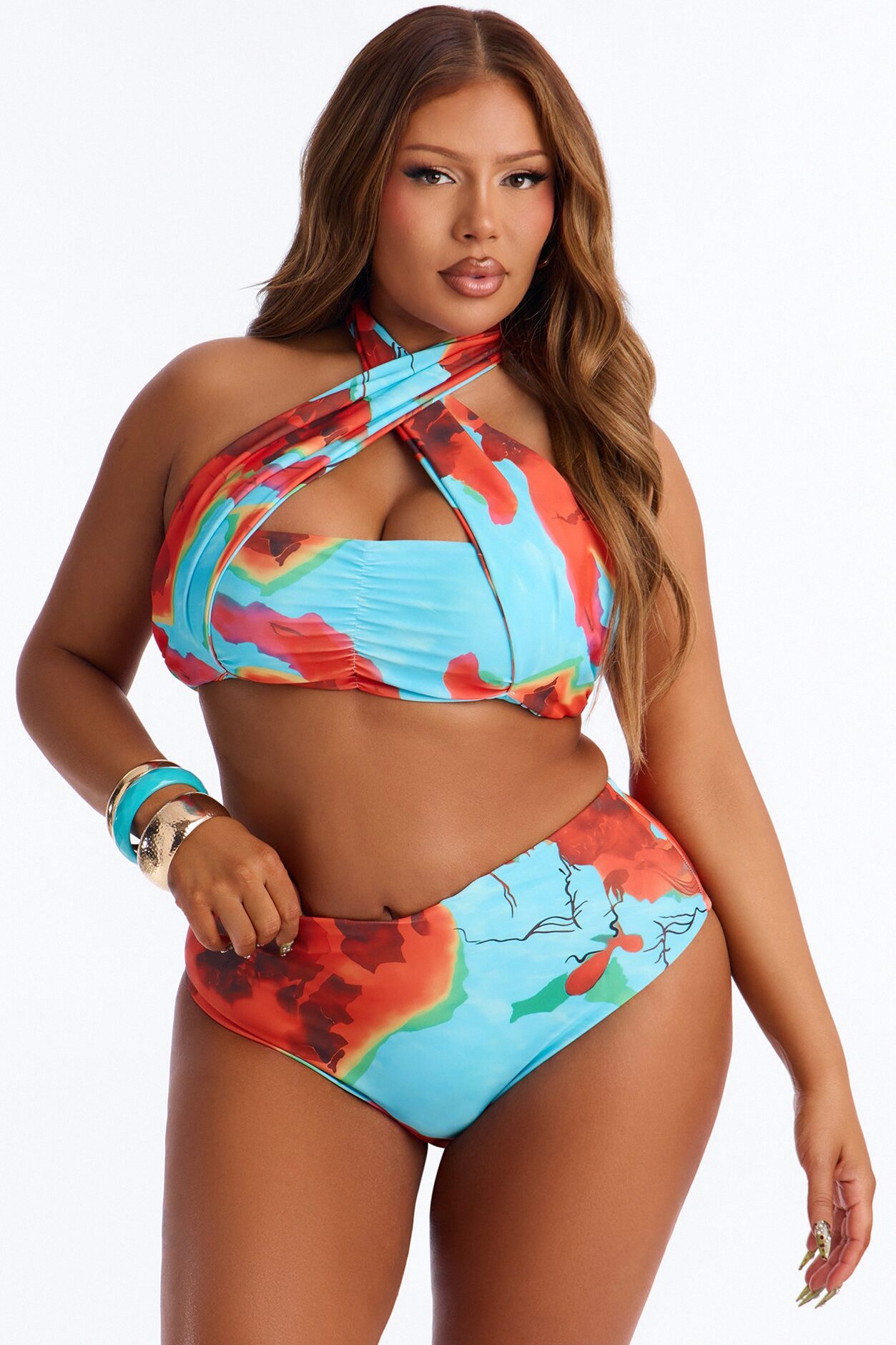 Salt On My Skin Floral 2 Piece Halter Bikini Top & High Waisted Bottom Set - Multi Color