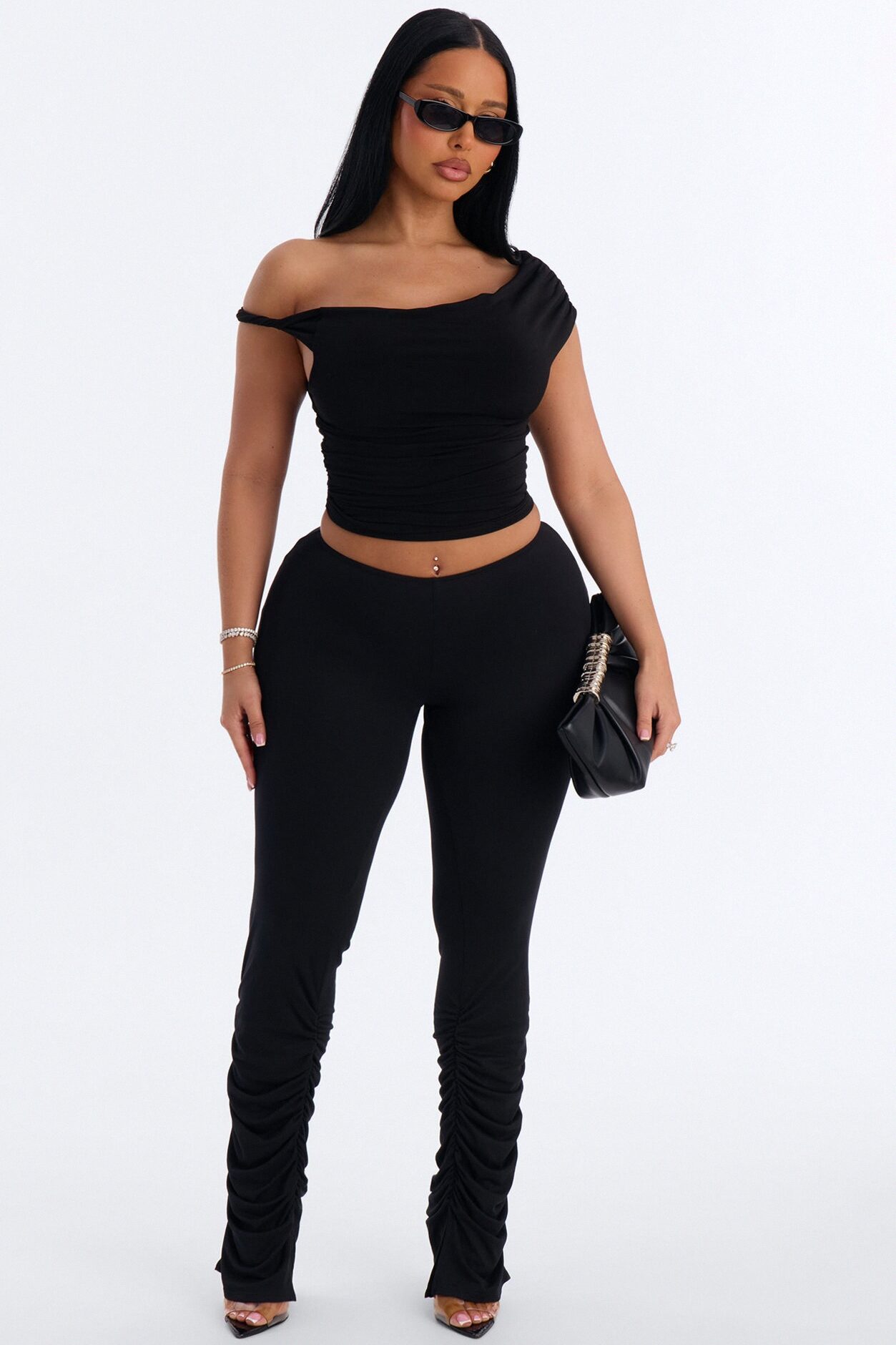 Dovie Low Rise Ruched Stacked Legging - Black