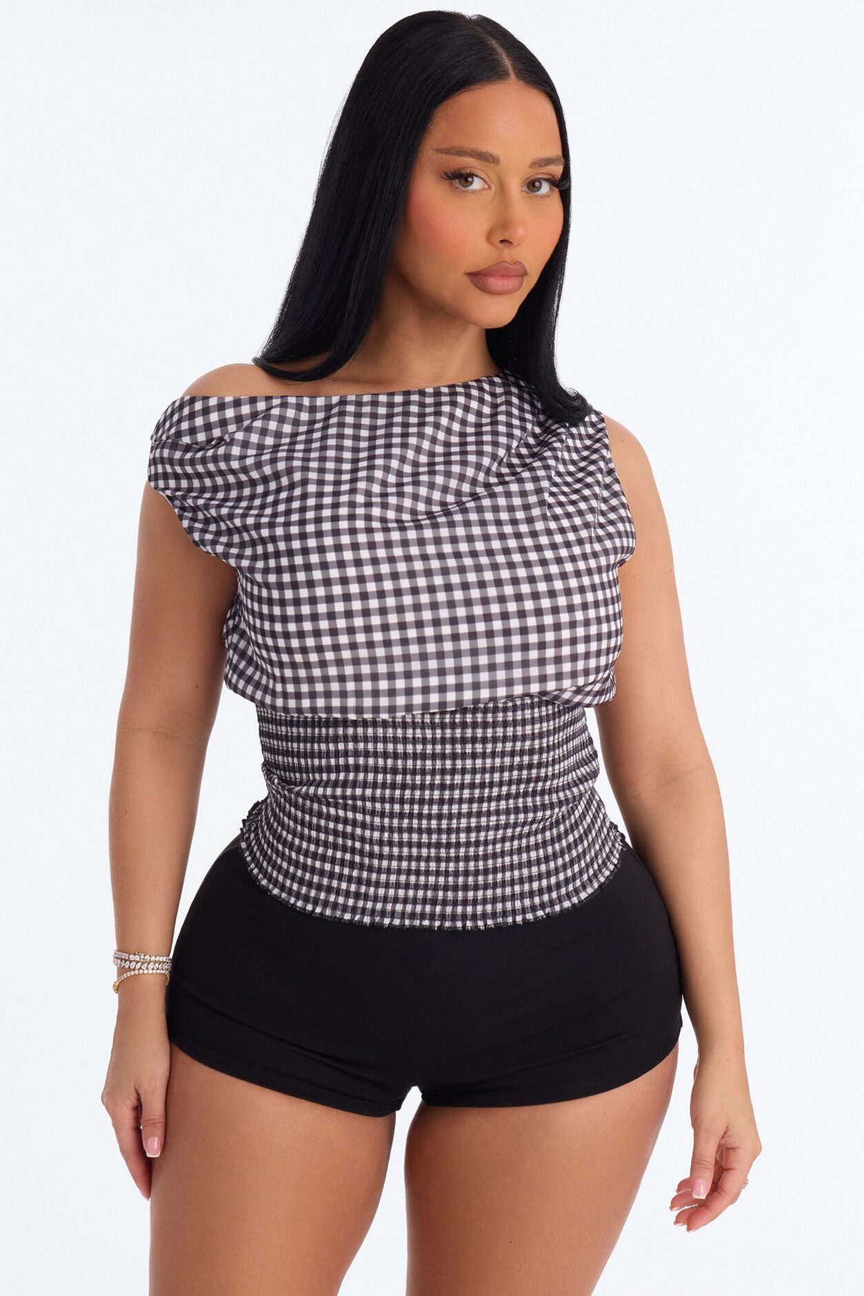 Day Out Smocked Gingham Chiffon Top - Black/White