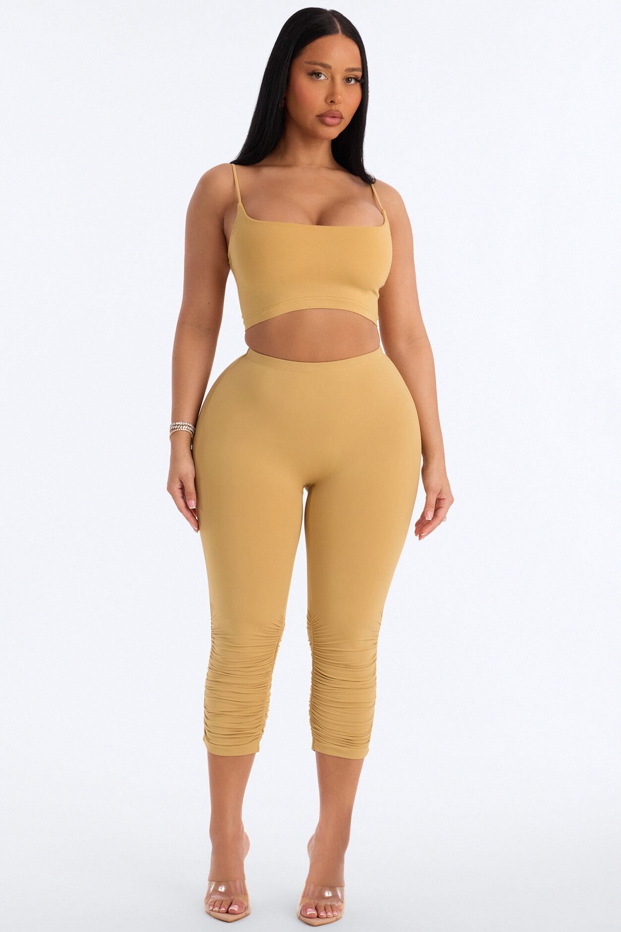 Second Skin Double Lined Ruched Low Rise Capri Legging - Honey