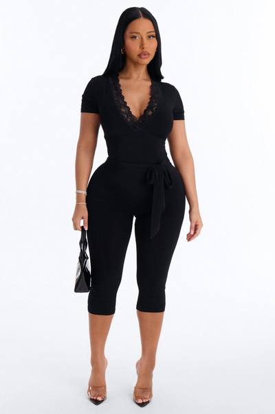 Priscilla Lace Trim Capri Catsuit - Black