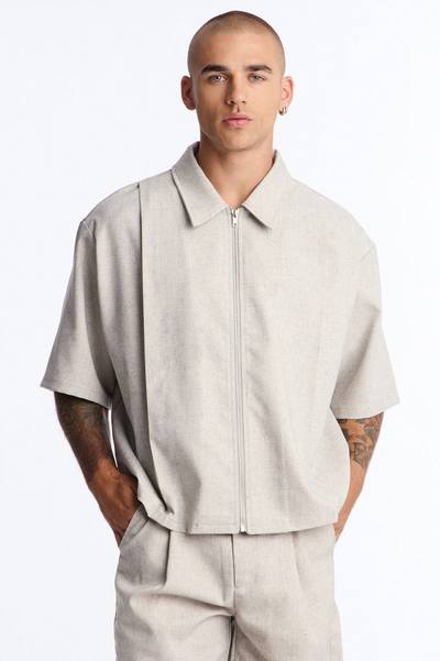Maison Tailored Boxy Cropped Zip Up Shirt - Khaki