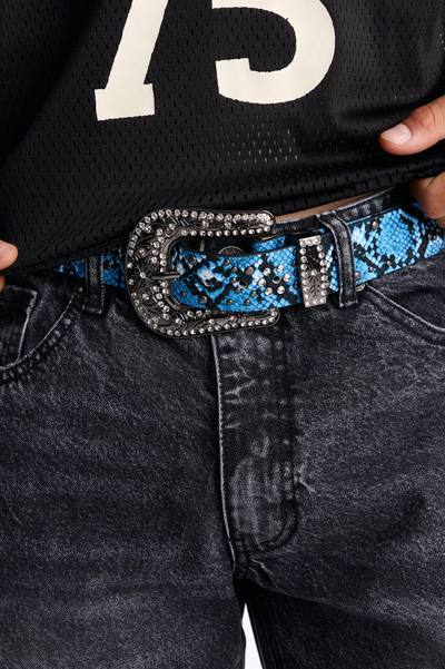 Rhinestone Embellished Snake Western Buckle Belt - Blue