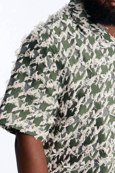 Relaxed Houndstooth Nomad Cuban Collar Button Up Shirt - Green
