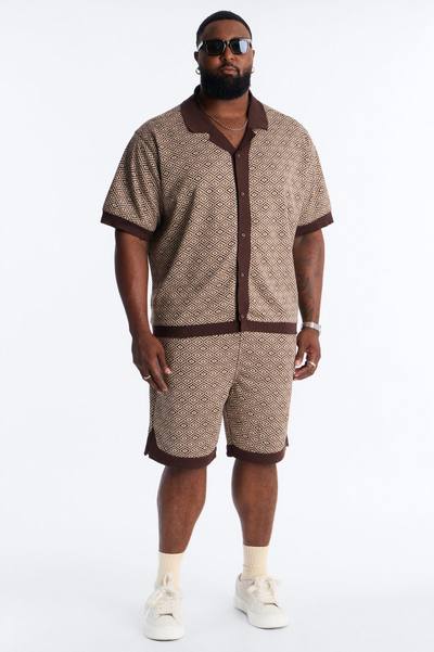 Geometric Jewel Jacquard Button Up Shirt - Brown